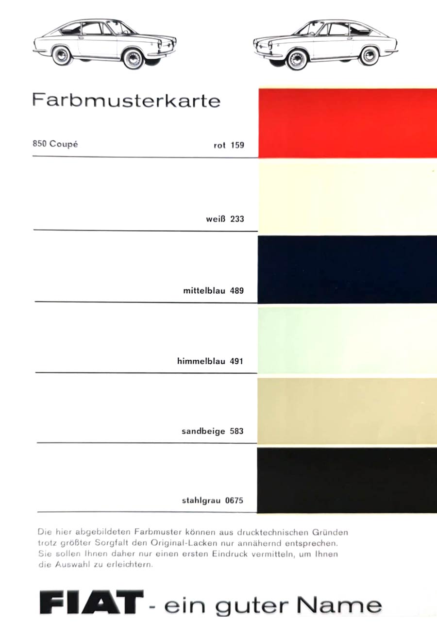 Kleuren Fiat 850 Coupé en Spider (eerste serie)