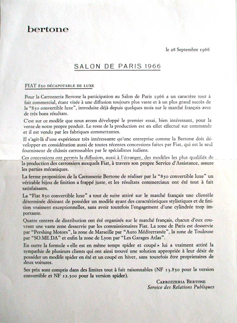 Bertone 850 CL spider presskit parijs 1966