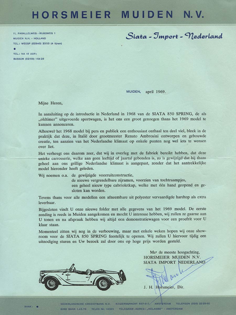 Siata Spring Brief van de Nederlandse importeur van de Siata Spring